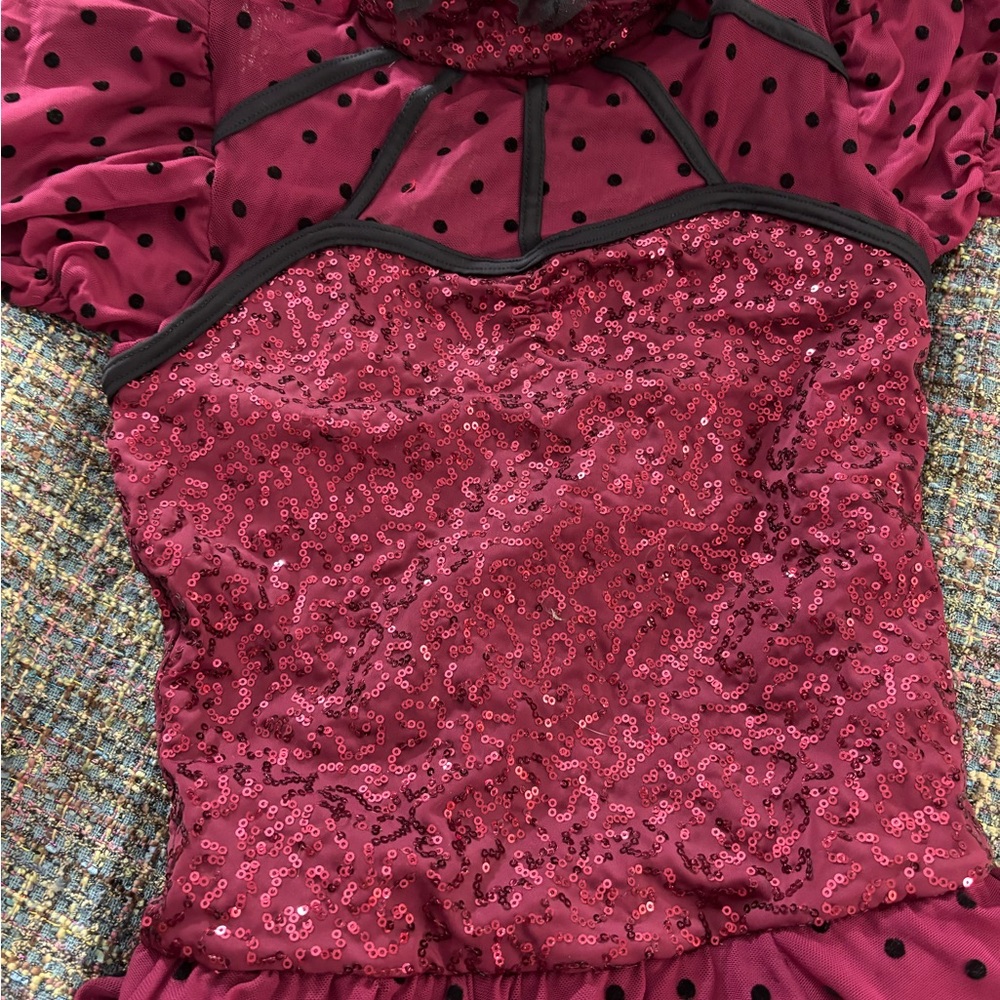 Weissman Berry Red Sequin Cocktail Dress with Black Trim